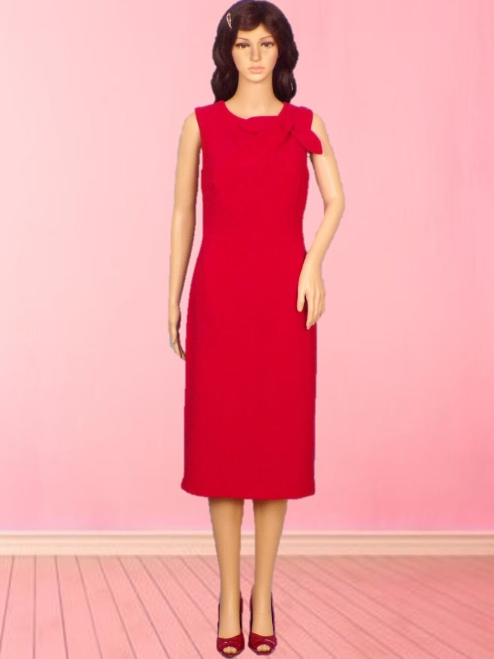 MAGGY LONDON size 8 red sleeveless midi sheath dress poly/span machine wash